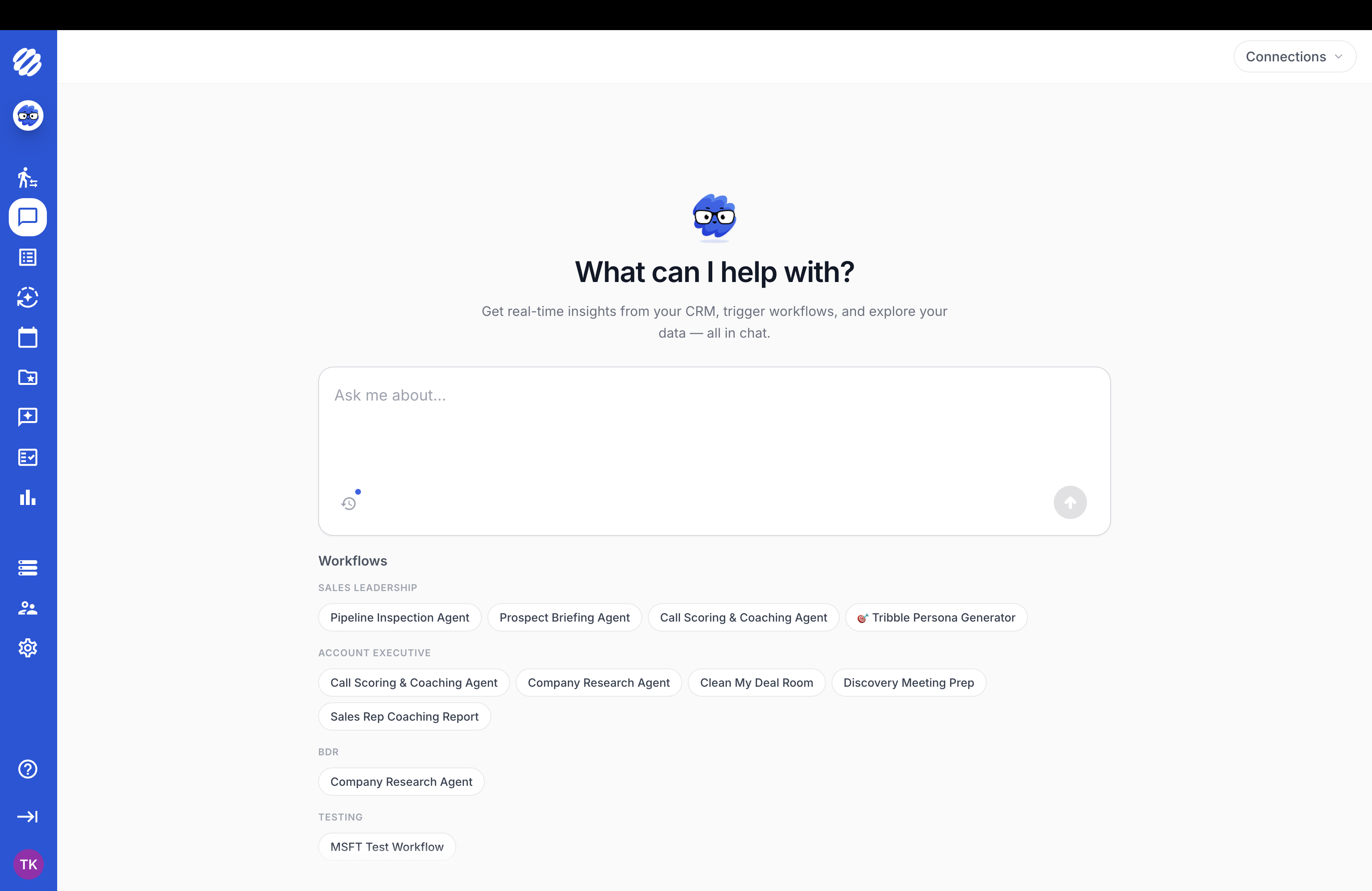 Tribble Engage AI Sales Agent workspace showing sales workflows for pipeline inspection, prospect briefing, call coaching, and company research
